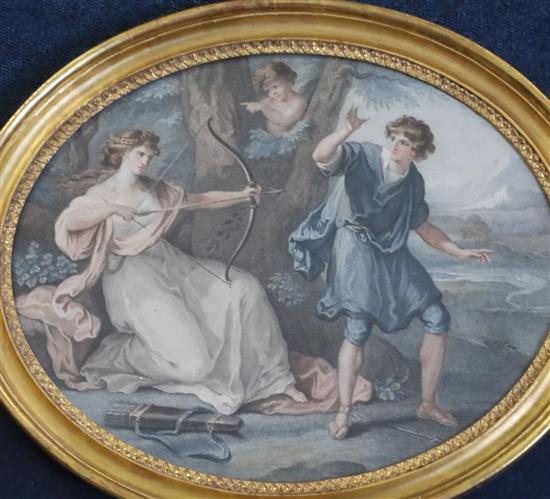 A set of four coloured engravings depicting classical and historical scenes, and a pair of stipple engravings of lovers